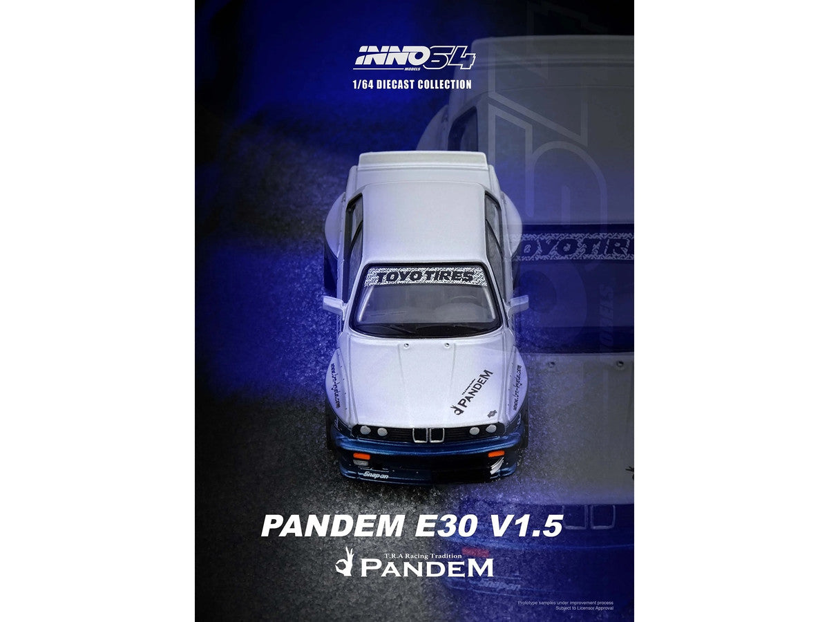 Pandem E30 M3 Silver Metallic and Dark Blue 1/64 Diecast Model Car by Inno Models-0