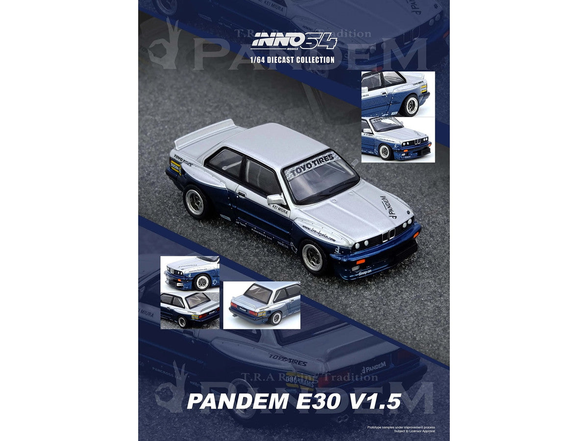 Pandem E30 M3 Silver Metallic and Dark Blue 1/64 Diecast Model Car by Inno Models-1
