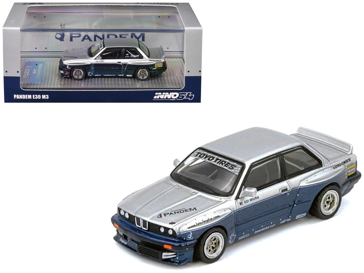 Pandem E30 M3 Silver Metallic and Dark Blue 1/64 Diecast Model Car by Inno Models-4
