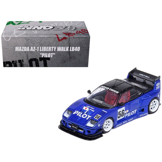 Mazda AZ-1 Liberty Walk LB40 RHD (Right Hand Drive) #56 "Pilot" Blue with Black Top 1/64 Diecast Model Car by Inno Models-0