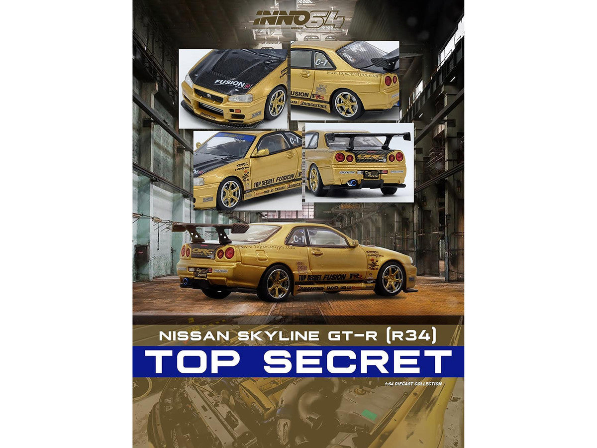 Nissan Skyline GT-R (R34) RHD (Right Hand Drive) "Top Secret" Gold Metallic with Carbon Hood and Trunk 1/64 Diecast Model Car by Inno Models-0