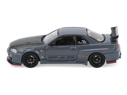 Nissan Skyline GT-R (R34) "Top Secret" RHD (Right Hand Drive) Stealth Gray with Carbon Hood "GTSHOW 2025 Event Edition" 1/64 Diecast Model Car by Inno Models-0