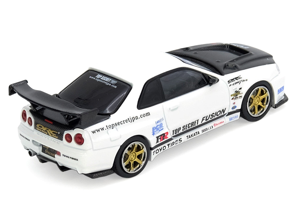 Nissan Skyline GT-R (R34) "Top Secret" RHD (Right Hand Drive) White with Carbon Hood 1/64 Diecast Model Car by Inno Models-0
