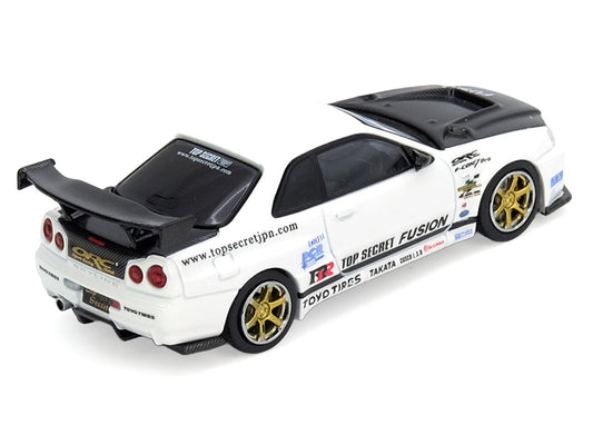Nissan Skyline GT-R (R34) "Top Secret" RHD (Right Hand Drive) White with Carbon Hood 1/64 Diecast Model Car by Inno Models-0