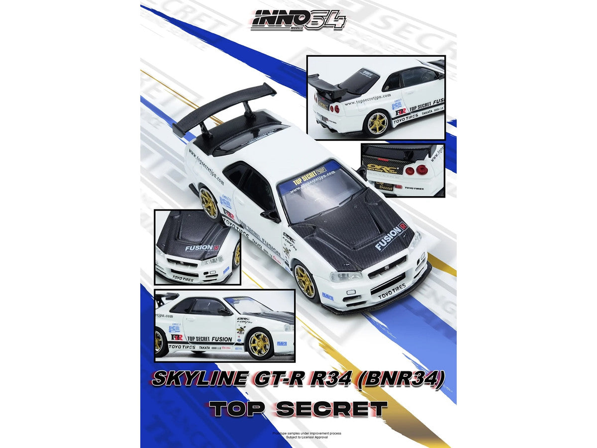 Nissan Skyline GT-R (R34) "Top Secret" RHD (Right Hand Drive) White with Carbon Hood 1/64 Diecast Model Car by Inno Models-2