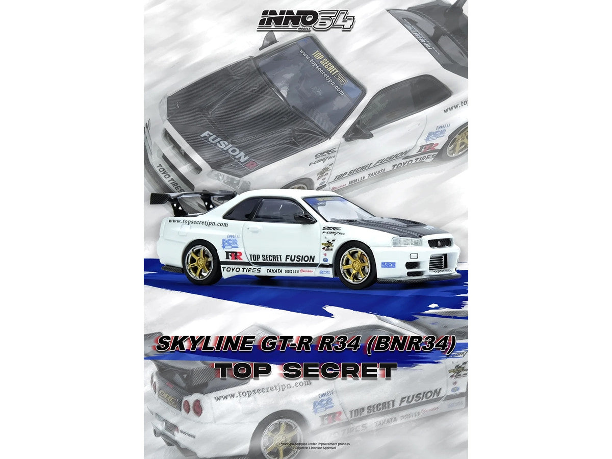 Nissan Skyline GT-R (R34) "Top Secret" RHD (Right Hand Drive) White with Carbon Hood 1/64 Diecast Model Car by Inno Models-1
