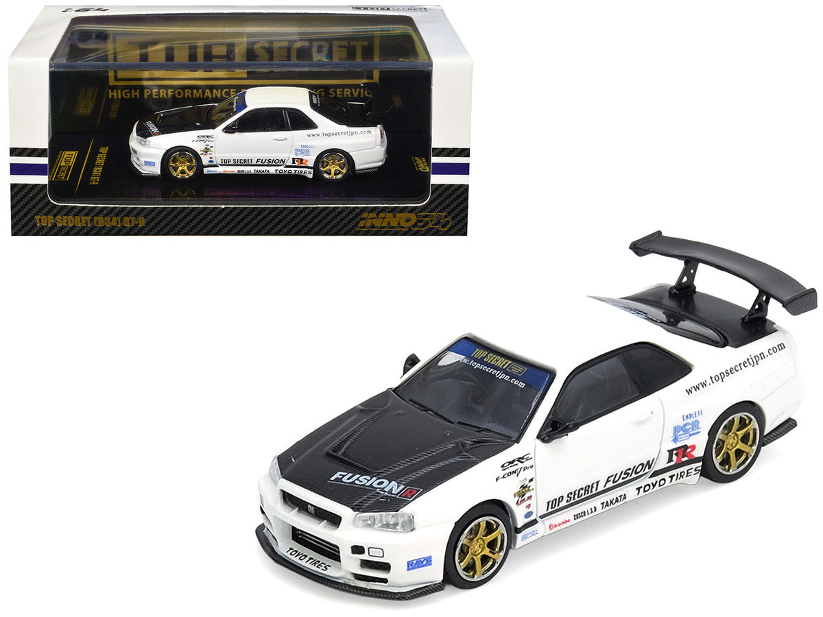 Nissan Skyline GT-R (R34) "Top Secret" RHD (Right Hand Drive) White with Carbon Hood 1/64 Diecast Model Car by Inno Models-3