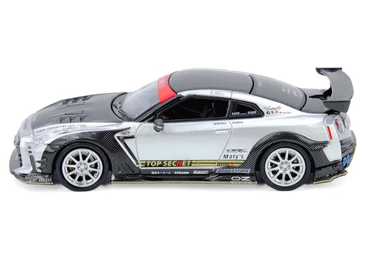 Nissan GT-R (R35) Top Secret RHD (Right Hand Drive) Silver Metallic with Carbon Hood and Top "Tokyo Auto Salon Hong Kong 2025 Event Edition" 1/64 Diecast Model Car by Inno Models-0