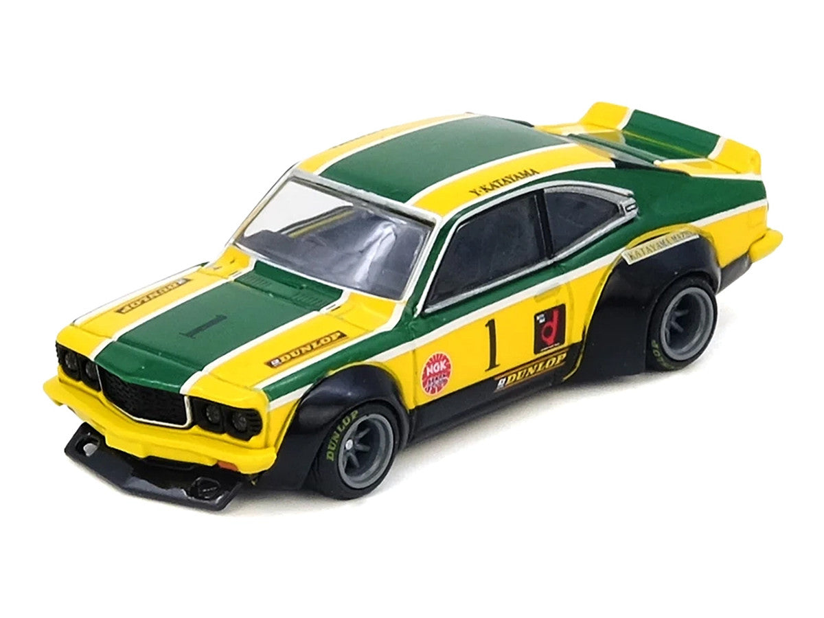 Mazda RX-3 Savanna RHD (Right Hand Drive) #1 "Katayama Racing Livery" Green and Yellow Striped 1/64 Diecast Model Car by Inno Models-2