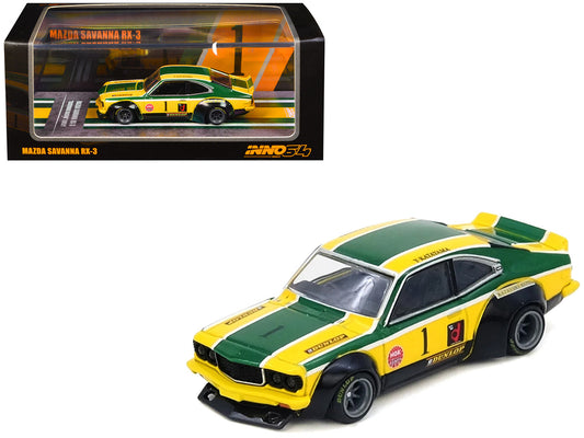 Mazda RX-3 Savanna RHD (Right Hand Drive) #1 "Katayama Racing Livery" Green and Yellow Striped 1/64 Diecast Model Car by Inno Models-0