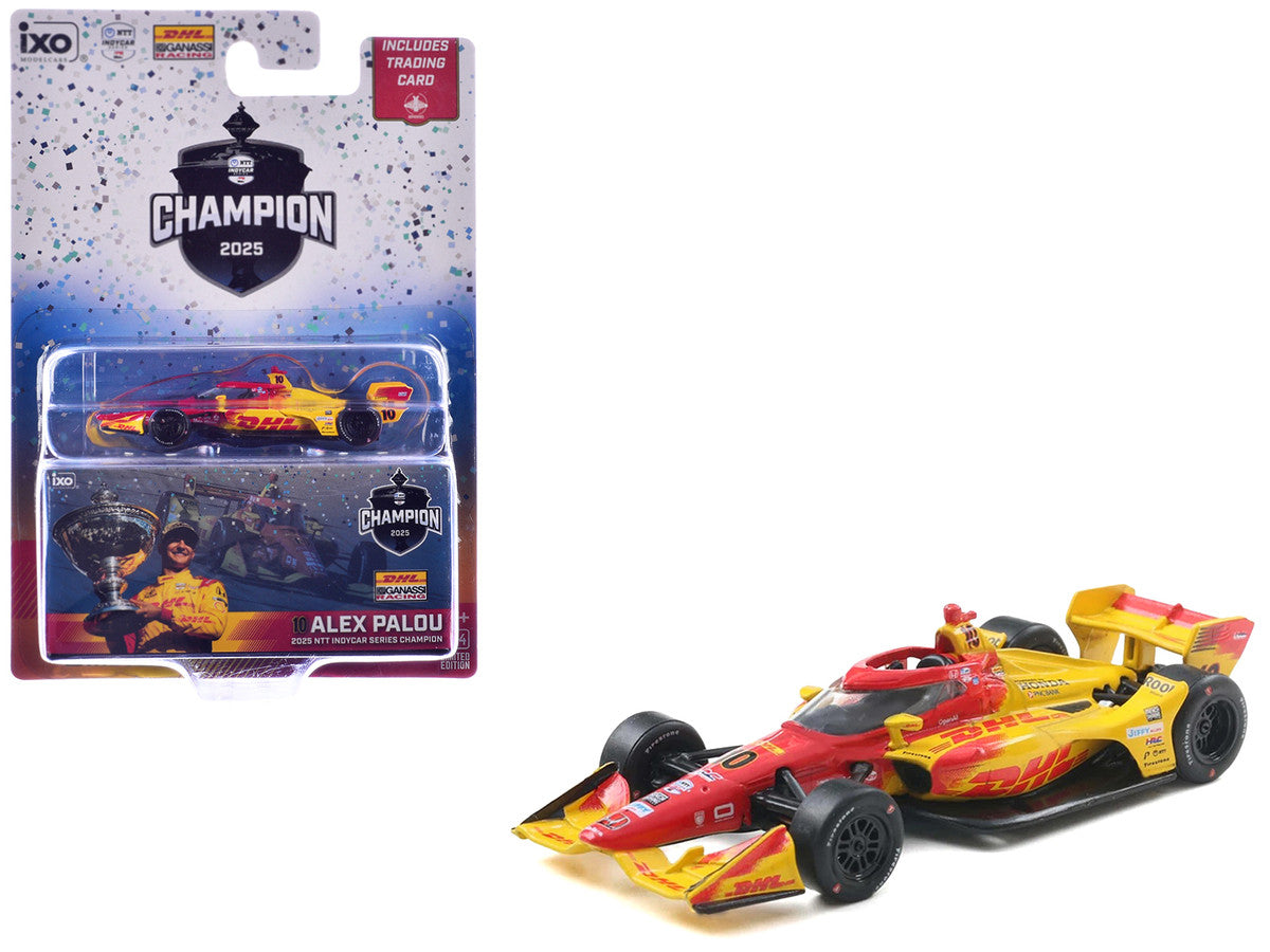 Dallara IndyCar #10 Alex Palou "DHL" Chip Ganassi Racing (Road Course Configuration) Champion "NTT IndyCar Series" (2025) with Trading Card 1/64 Diecast Model Car by IXO Models-4