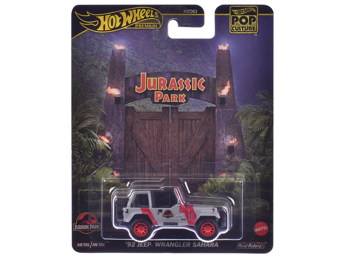 1992 Jeep Wrangler Sahara Gray with Red Stripes "Jurassic Park" (1993) Movie "Pop Culture" Series Diecast Model Car by Hot Wheels-0