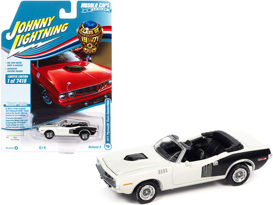 1971 Plymouth Barracuda Convertible Sno White with Black Hemi Side Billboards "Class of 1971" Limited Edition to 7418 pieces Worldwide "Muscle Cars USA" Series 1/64 Diecast Model Car by Johnny Lightning-0
