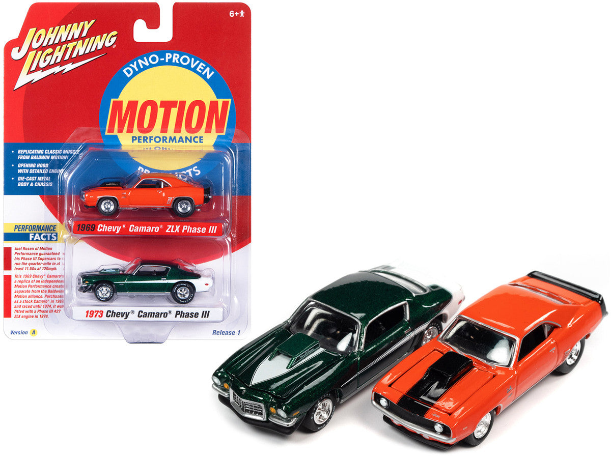 1969 Chevrolet Camaro ZLX Phase III Hugger Orange with Black Stripes and 1973 Chevrolet Camaro Phase III Dark Green Metallic and White "Baldwin Motion" Set of 2 Cars 1/64 Diecast Model Cars by Johnny Lightning-0