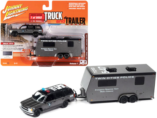 1997 Chevrolet Tahoe "SWAT" Custom Gray Metallic and Black with "Twin Cities Police" Camper Trailer Limited Edition to 9892 pieces Worldwide "Truck and Trailer" Series 1/64 Diecast Model Car by Johnny Lightning-0