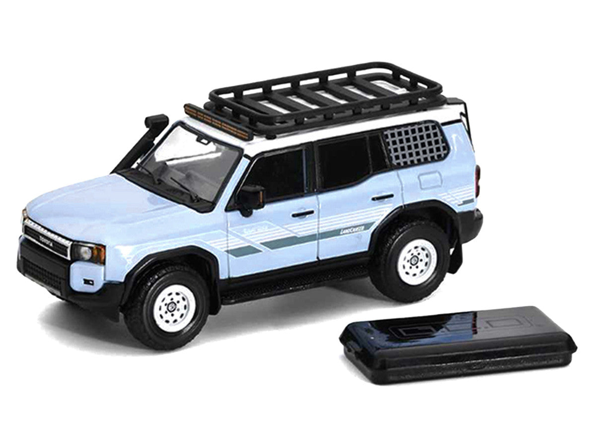 2024 Toyota Land Cruiser Prado Light Blue with White Top and Stripes with Roof Rack and Accessory 1/64 Diecast Model Car by GCD-1