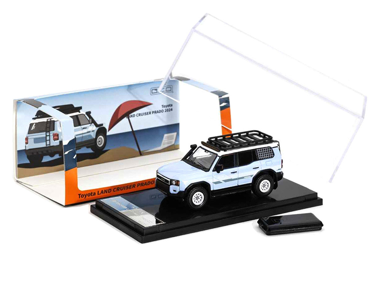 2024 Toyota Land Cruiser Prado Light Blue with White Top and Stripes with Roof Rack and Accessory 1/64 Diecast Model Car by GCD-3