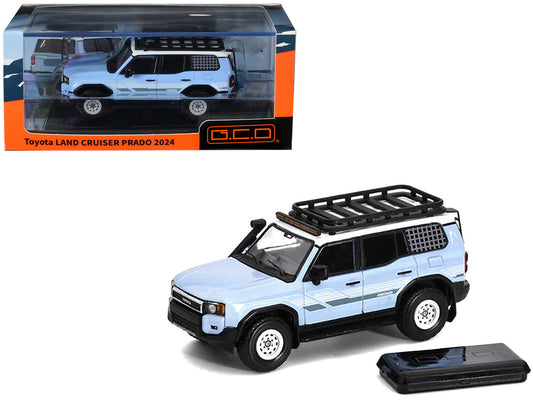 2024 Toyota Land Cruiser Prado Light Blue with White Top and Stripes with Roof Rack and Accessory 1/64 Diecast Model Car by GCD-0