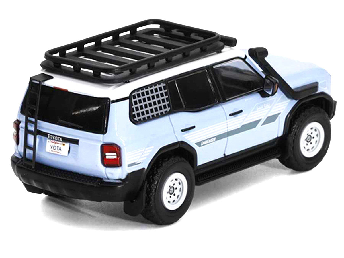 2024 Toyota Land Cruiser Prado Light Blue with White Top and Stripes with Roof Rack and Accessory 1/64 Diecast Model Car by GCD-2