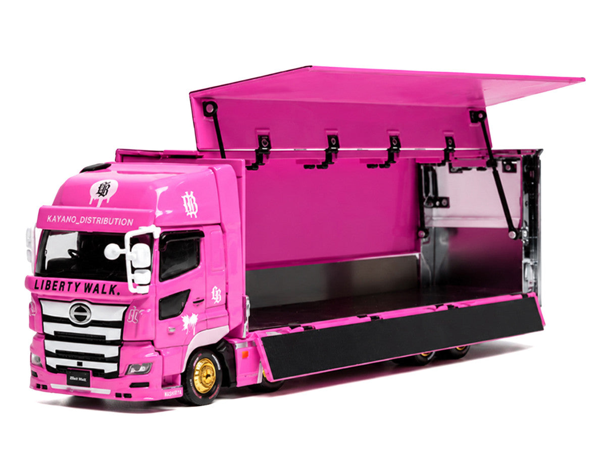 Hino 700 Transporter RHD (Right Hand Drive) "LB-Trucks - Kayano_Distr." Pink Metallic with Graphics 1/64 Diecast Model by GCD-1