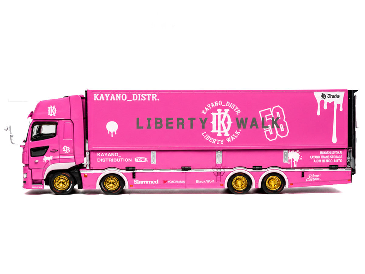 Hino 700 Transporter RHD (Right Hand Drive) "LB-Trucks - Kayano_Distr." Pink Metallic with Graphics 1/64 Diecast Model by GCD-0