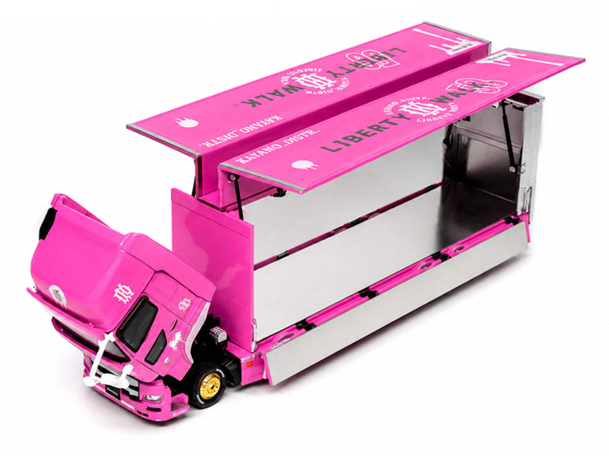 Hino 700 Transporter RHD (Right Hand Drive) "LB-Trucks - Kayano_Distr." Pink Metallic with Graphics 1/64 Diecast Model by GCD-3