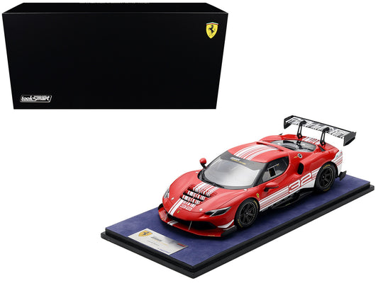 Ferrari 296 GT3 Challenge #32 "Launch Version" Red with White Stripes with Acrylic Display Case 1/18 Model Car by LookSmart-0