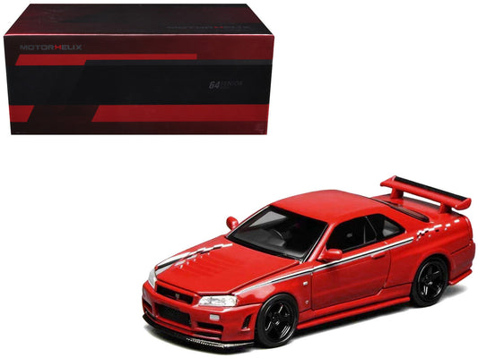 Nissan Skyline GT-R (R34) Nismo RHD (Right Hand Drive) Custom Red with Stripes "Senior 64" Series 1/64 Diecast Model Car by MotorHelix-0