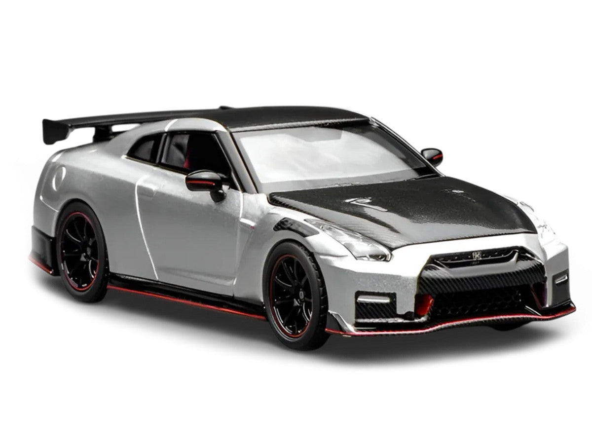 2022 Nissan GT-R Nismo (R35) RHD (Right Hand Drive) Ultimate Metal Silver Metallic with Carbon Hood and Top "Senior 64" Series 1/64 Diecast Model Car by MotorHelix-1