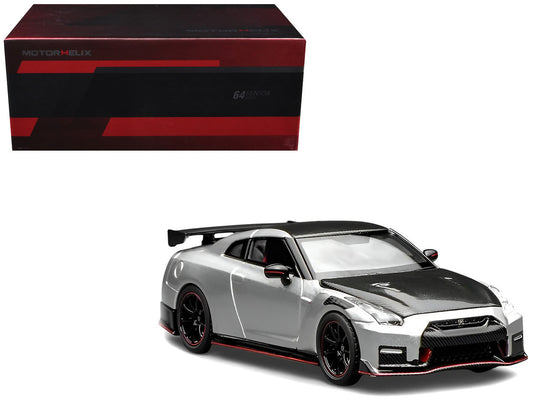 2022 Nissan GT-R Nismo (R35) RHD (Right Hand Drive) Ultimate Metal Silver Metallic with Carbon Hood and Top "Senior 64" Series 1/64 Diecast Model Car by MotorHelix-0