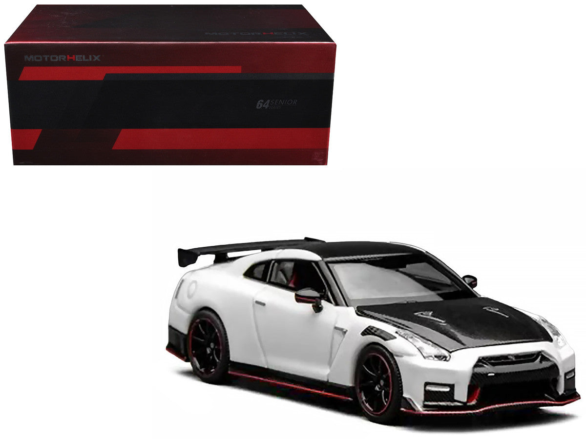2022 Nissan GT-R Nismo (R35) RHD (Right Hand Drive) Brilliant White Pearl with Carbon Hood and Top "Senior 64" Series 1/64 Diecast Model Car by MotorHelix-0