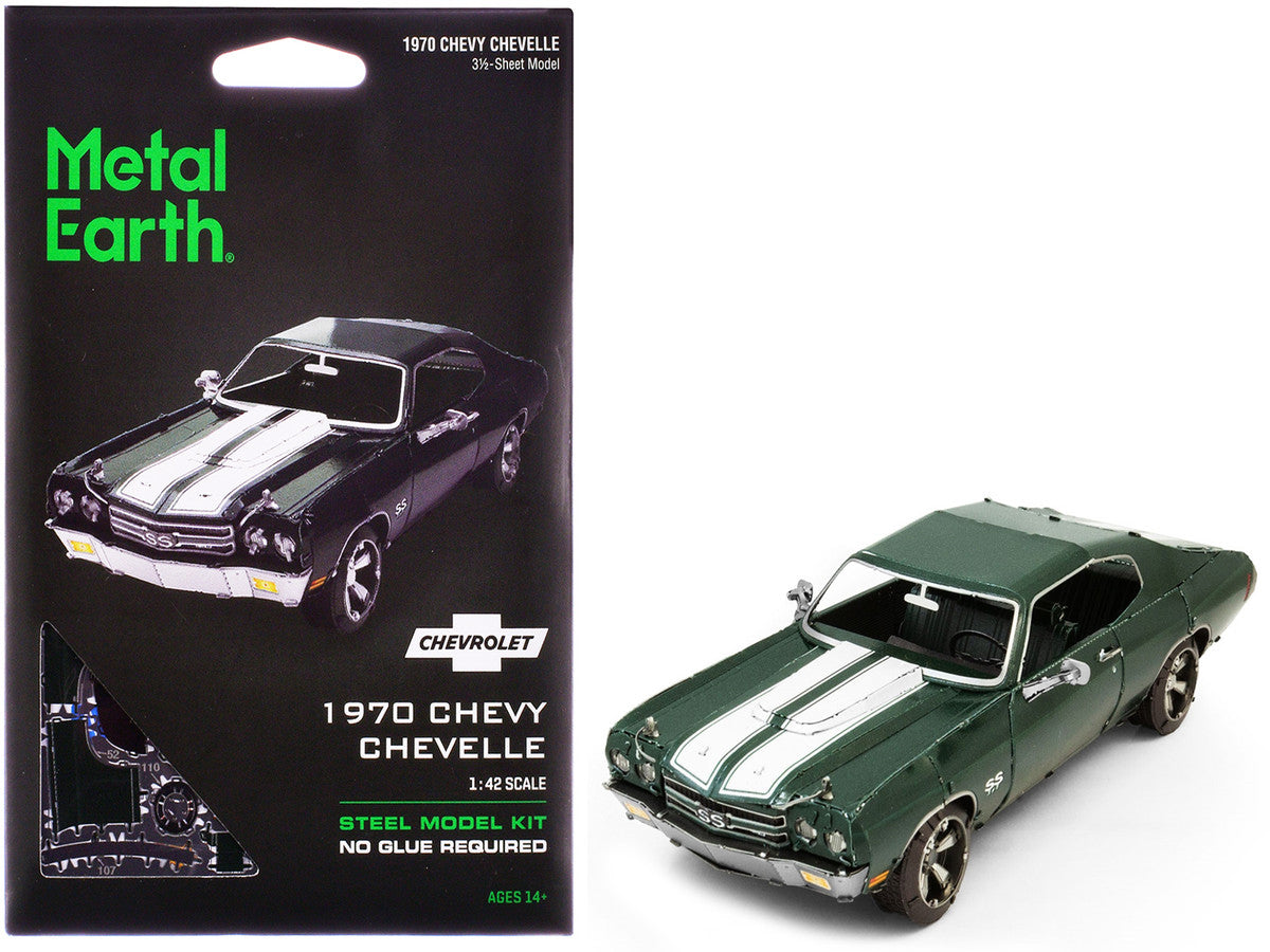 Model Kit 1970 Chevrolet Chevelle SS Green with White Stripes (Challenging Difficulty) Steel Model by Metal Earth-4