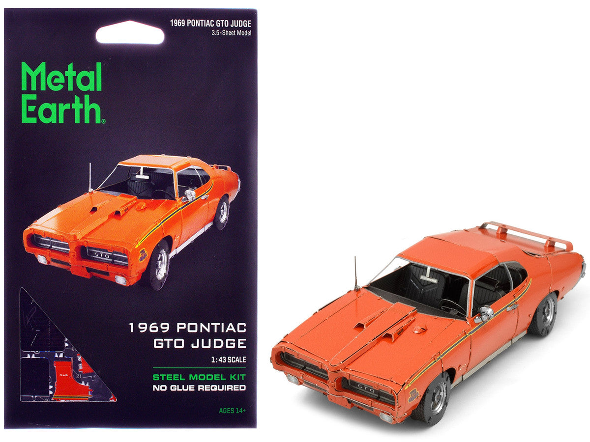 Model Kit 1969 Pontiac GTO Judge Orange with Black Stripes (Moderate Difficulty) Steel Model by Metal Earth-0