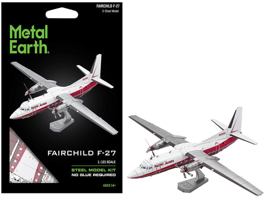 Model Kit Fairchild F-27 Commercial Aircraft "Pacific Alaska" White with Red Stripes (Moderate Difficulty) Steel Model by Metal Earth-0