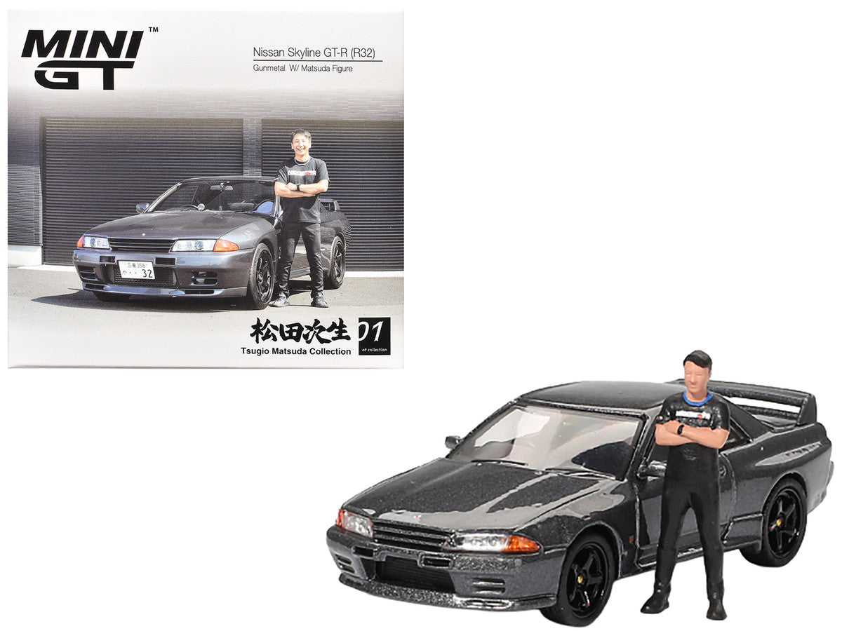 Nissan Skyline GT-R (R32) RHD (Right Hand Drive) Gunmetal Gray Metallic with Tsugio Matsuda Figure Limited Edition 1/64 Diecast Model Car by Mini GT-3