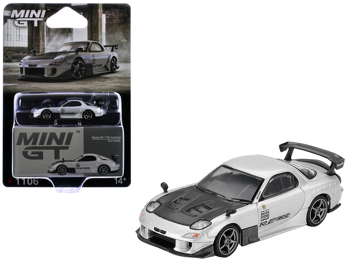 Mazda RX-7 RE-Amemiya Silver Metallic with Matt Black Hood Limited Edition 1/64 Diecast Model Car by Mini GT-3
