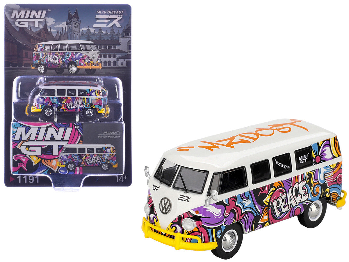 Volkswagen T1 Microbus "Mizu Design" White with Graffiti Graphics Limited Edition 1/64 Diecast Model Car by Mini GT-0