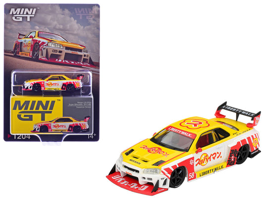 Nissan LB-ER34 Super Silhouette Skyline RHD (Right Hand Drive) #58 "Suppaiman Okinawa" Yellow and White with Graphics Limited Edition 1/64 Diecast Model Car by Mini GT-0