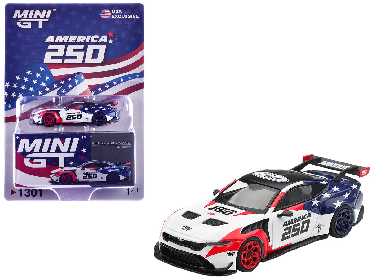 Ford Mustang GTD "America 250 - USA Exclusive" White with American Flag Graphics Limited Edition 1/64 Die Cast Model Car by Mini GT-0
