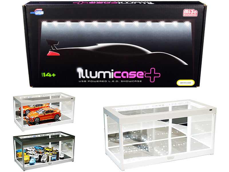 White Collectible Display Show Case Illumicase+ with LED Lights and Mirror Base and Back for 1/64 1/43 1/32 1/24 1/18 Scale Models by Illumibox-0