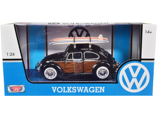 1966 Volkswagen Beetle Black with Wood Panels and Two Surfboards on Roof Rack 1/24 Diecast Model Car by Motormax-0