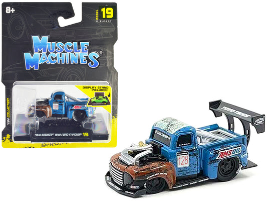 1949 Ford F1 Pickup Truck #128 "Old Smokey" Blue and Brown (Weathered) 1/64 Diecast Model Car by Muscle Machines-0