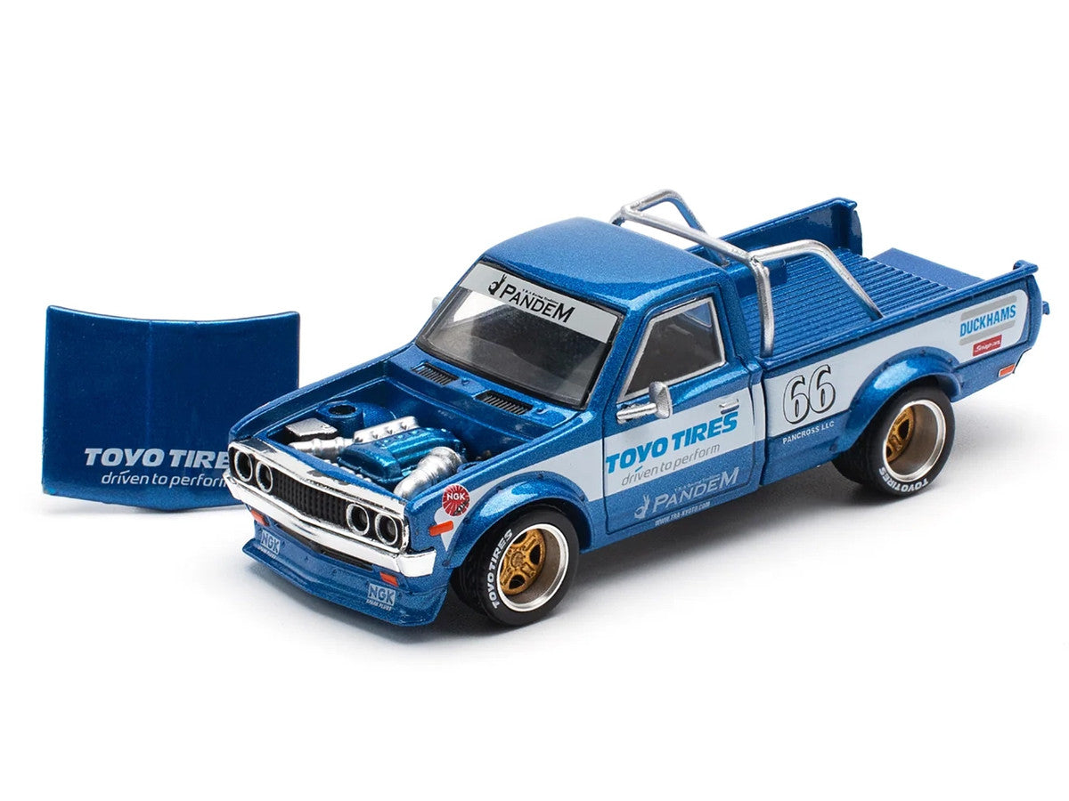 Datsun Pandem 620 Pickup Truck #66 Blue Metallic with White Stripes and Graphics 1/64 Diecast Model Car by Pop Race-1