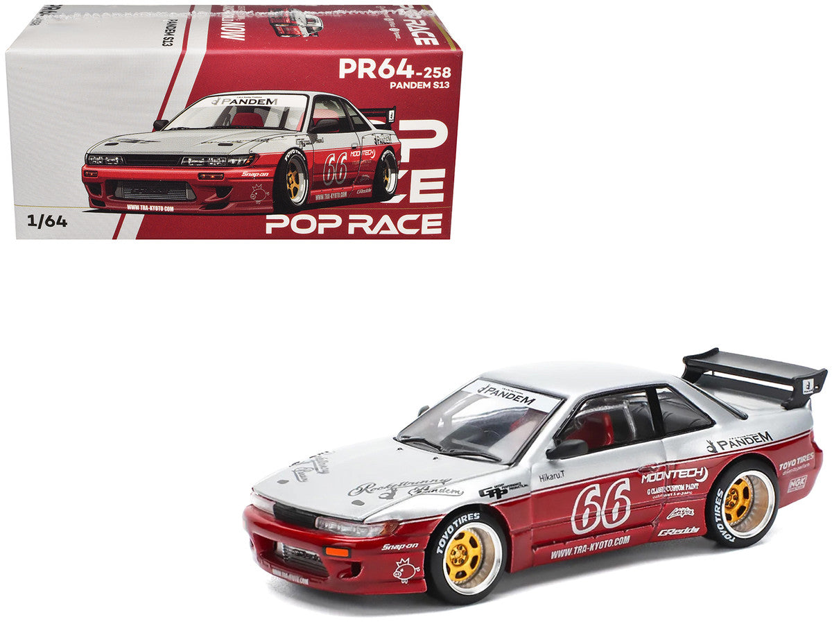 Nissan Pandem S13 RHD (Right Hand Drive) #66 "Moontech" Silver and Red Metallic 1/64 Diecast Model Car by Pop Race-4
