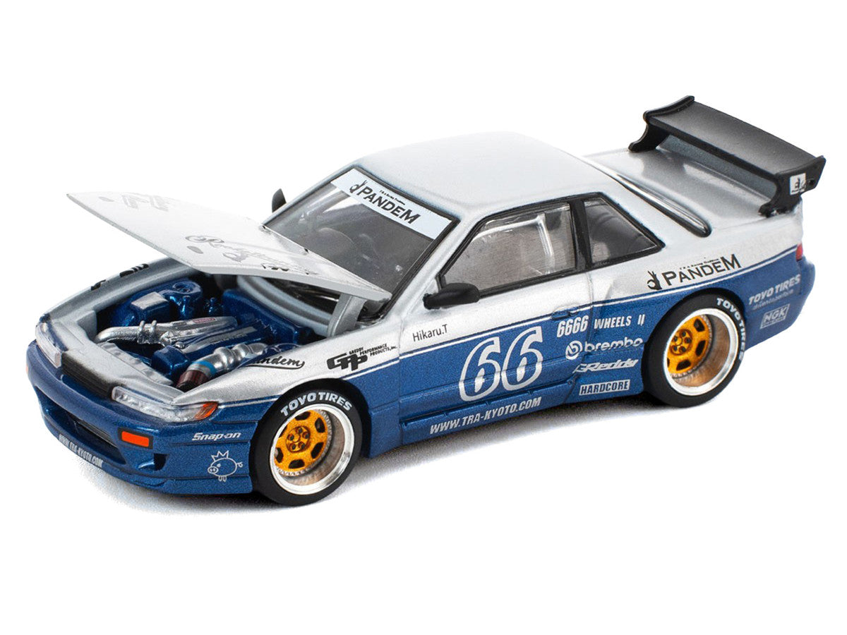 Pandem S13 RHD (Right Hand Drive) Silver and Moontech Blue Metallic with Graphics 1/64 Diecast Model Car by Pop Race-1