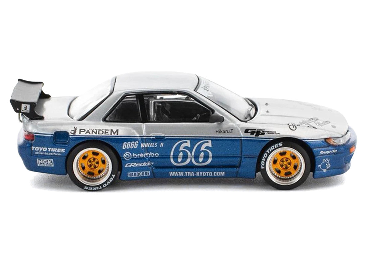 Pandem S13 RHD (Right Hand Drive) Silver and Moontech Blue Metallic with Graphics 1/64 Diecast Model Car by Pop Race-3