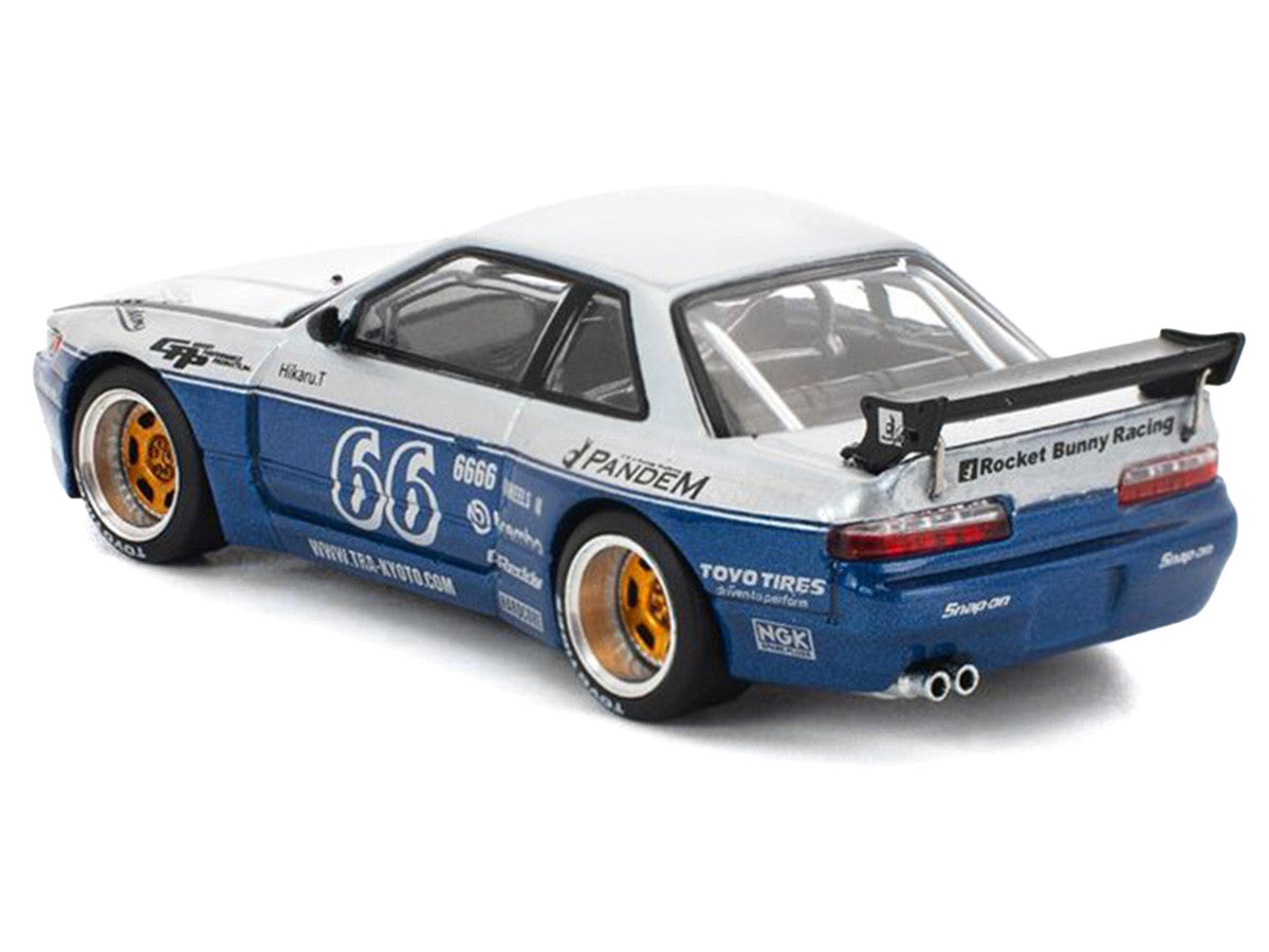 Pandem S13 RHD (Right Hand Drive) Silver and Moontech Blue Metallic with Graphics 1/64 Diecast Model Car by Pop Race-4