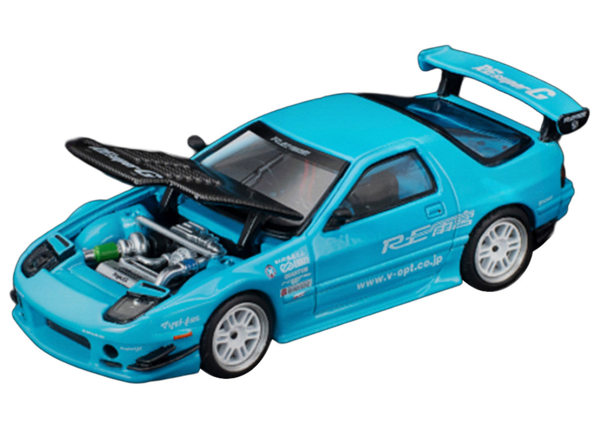 Mazda RX7 (FC3S) RE Amemiya RHD (Right Hand Drive) Light Blue with Carbon Hood "Tokyo Auto Salon 2026" 1/64 Diecast Model Car by Pop Race-1