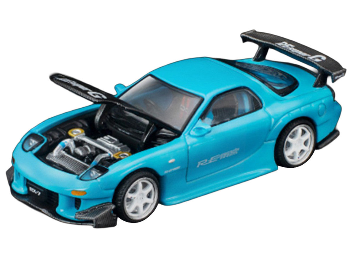 Mazda RX7 (FD3S) RE Amemiya RHD (Right Hand Drive) Light Blue with Carbon Hood "Tokyo Auto Salon 2026" 1/64 Diecast Model Car by Pop Race-1