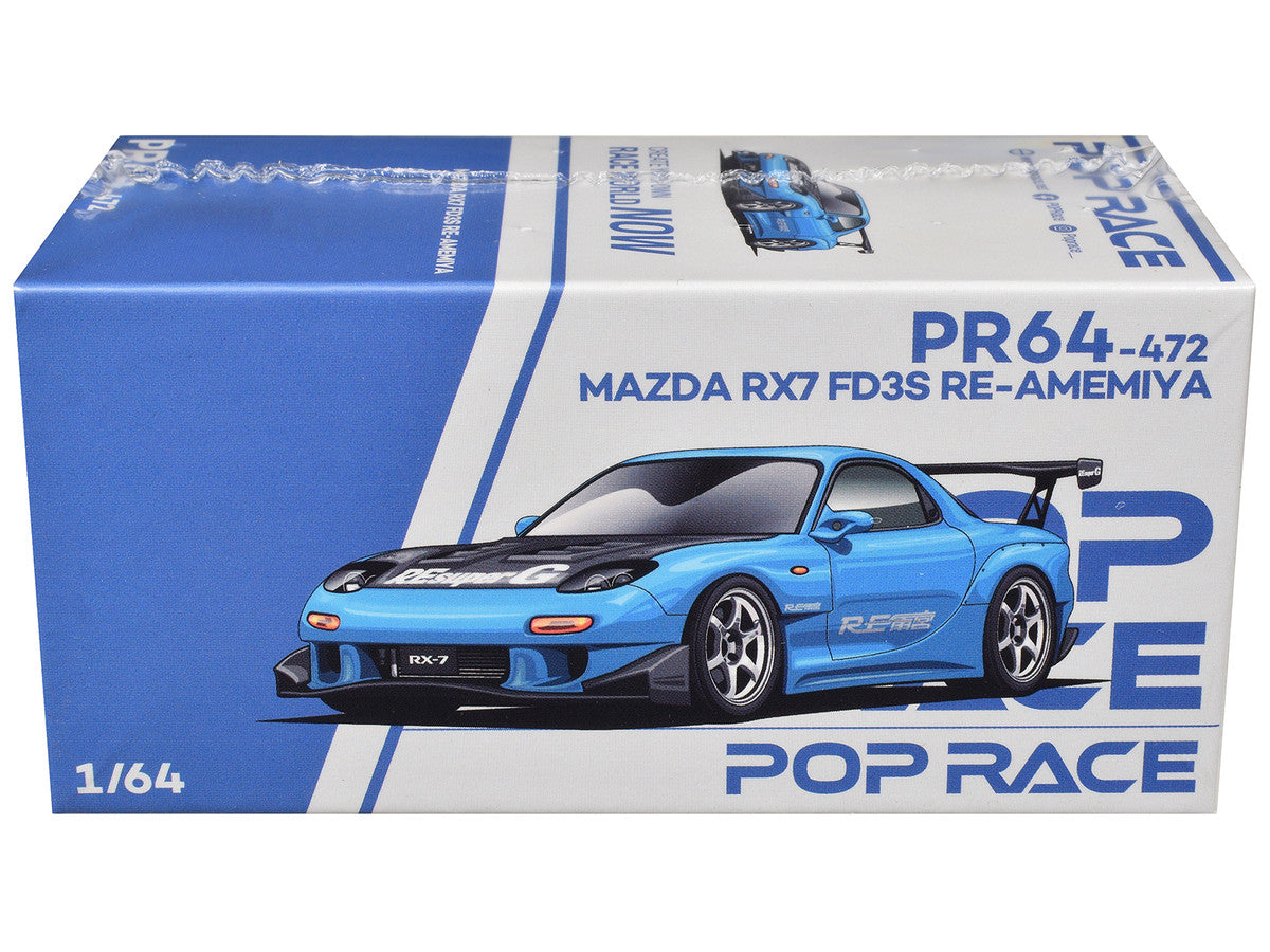 Mazda RX7 (FD3S) RE Amemiya RHD (Right Hand Drive) Light Blue with Carbon Hood "Tokyo Auto Salon 2026" 1/64 Diecast Model Car by Pop Race-2